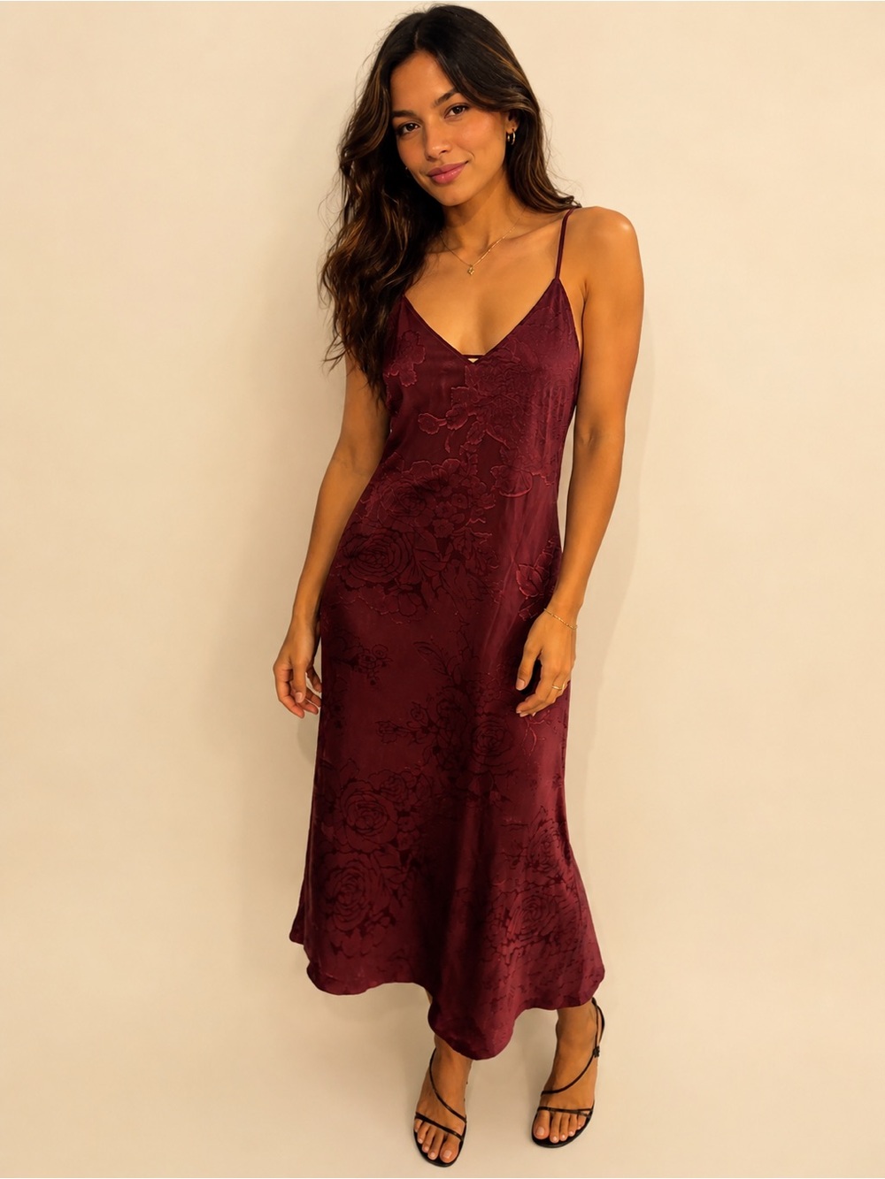Leith • NWT Silky Burgundy Slip Dress with Floral Jacquard PTP 16”-17”